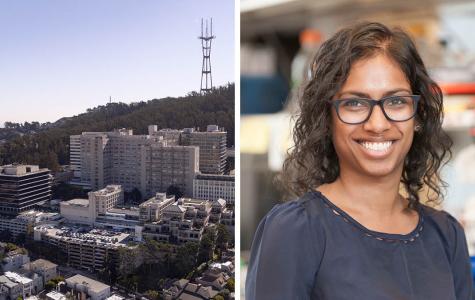 Two-panel image showing a photo of UCSF's Parnassus Heights (left) and a photo of UCSF neuro-oncologist Maya Graham, MD, PhD. 